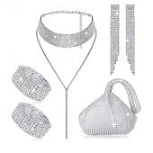 お買い得  ウェアラブルアクセサリー-花嫁のジュエリーセット、ダイヤモンドの爪チェーン、タッセルイヤリング、左右のハンドチェーン、ネックチェーン、手持ちバッグ