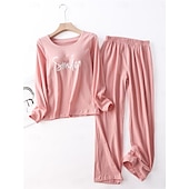 billiga Sovkläder till damer-kvinnors pyjamasset brev mode komfort hem daglig säng bomull andas rund hals långärmad t-shirt t-shirt byxa bröstkuddar sommar vår hem outfits
