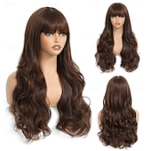 abordables Perruques Synthétiques Sans Bonnet-Perruque ondulée longue marron moyen avec frange pour femme 26 pouces d&#039;aspect naturel en fibre synthétique résistante à la chaleur de remplacement de cheveux d&#039;aspect naturel perruque longue ondulée