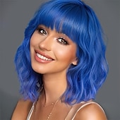 economico Parrucche trendy sintetiche-parrucche marrone scuro per le donne parrucca bob corta ondulata con frangia per le donne parrucche sintetiche a onde corte ricce parrucche per capelli in fibra resistente al calore per tutti i giorni