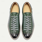 baratos Tênis de couro premium-tênis casuais masculinos de couro bovino premium – design de cadarço com relevo verde e detalhes em preto, confortável e durável
