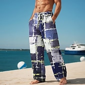 cheap Men&#039;s Printed Casual Pants-Plaid Color Block Men&#039;s Resort 3D Printed Casual Pants Trousers Elastic Waist Drawstring Loose Fit Straight-Leg Summer Beach Pants S TO 3XL