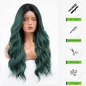 abordables Pelucas de fiesta-Peluca ondulada larga ombre verde para mujeres peluca rizada de 26 pulgadas con parte central peluca sintética de fibra resistente al calor ideal para uso diario y fiestas pelucas de Halloween para