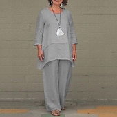 abordables Ensembles-Ensembles en coton et lin pour femmes, ensembles deux pièces, couleur unie, mode, col rond, rue, quotidien, 2 pièces, blanc, bleu, kaki, gris, printemps et automne