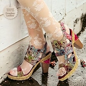 billige Plattformhæler-Dame Høye hæler Sandaler Håndlagde sko Vintage sko Fest Daglig Strand Blomstret Konisk hæl Fantasihæl Elegant Bohem Årgang Lær Spenne Rød Blå Brun