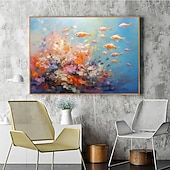 cheap Animal Paintings-Hand painted Abstract Swimming Fishes Oil Painting on Canvas Extra Large Handmade Wall Art  Blue Ocean Art painting Custom Painting Minimalist artwork for Living Room Decor
