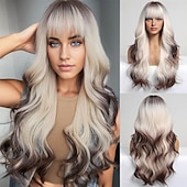 abordables Perruques Synthétiques Sans Bonnet-Perruques blondes sales ombrées avec frange blonde longue perruque ondulée pour femmes perruque de cheveux synthétiques bouclés longs pour usage quotidien de fête 24 pouces