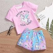 cheap Girl&#039;s 3D Cartoon-Girls&#039; 3D Unicorn Tee &amp; Shorts Pajama Set Pink Short Sleeve 3D Print Summer Active Fashion Cute Polyester Kids 3-12 Years Crew Neck Home Causal Indoor Regular Fit