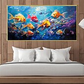 abordables Peintures à l&#039;huile-Peinture à l&#039;huile de poissons nageurs peints à la main sur toile, peinture animale extra large, art mural fait à la main, art abstrait de poisson, peinture personnalisée, décoration minimaliste pour