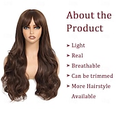 abordables Perruques Synthétiques Sans Bonnet-Perruque ondulée longue marron moyen avec frange pour femme 26 pouces d&#039;aspect naturel en fibre synthétique résistante à la chaleur de remplacement de cheveux d&#039;aspect naturel perruque longue ondulée