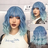 billiga Syntetiska peruker utan hätta-peruk kort kropp vågiga bob peruker för kvinnor med lugg axellängd syntetisk cosplay festperuk för tjejer daglig användning färgglada peruker