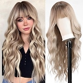 abordables Perruques Synthétiques Sans Bonnet-Perruques blondes sales ombrées avec frange blonde longue perruque ondulée pour femmes perruque de cheveux synthétiques bouclés longs pour usage quotidien de fête 24 pouces