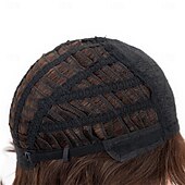 זול פאה מבוגרת-פאות חומות קצרות גליות לנשים לבנות עם פוני מדובלל בינוני פאה מתולתלת פאה סינטטית במראה טבעי למסיבה יומית