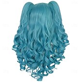 baratos Perucas Históricas-Peruca Longa Cacheada Azul com Rabo de Cavalo Peruca Azul Claro com 2 Rabos de Cavalo Peruca Lolita Azul com Franja para Mulheres Peruca Anime Peluca Azul para Fantasia Carnaval Halloween