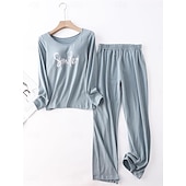 billiga Sovkläder till damer-kvinnors pyjamasset brev mode komfort hem daglig säng bomull andas rund hals långärmad t-shirt t-shirt byxa bröstkuddar sommar vår hem outfits