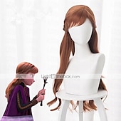 baratos Trajes Femininos-conjunto com fantasia de festa vestidos de tule cacheados assimétricos com franja peruca muito longa 2 peças feminino congelado conto de fadas princesa anna halloween carnaval baile de máscaras