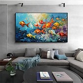 abordables Peintures à l&#039;huile-Peinture à l&#039;huile de poissons nageurs peints à la main sur toile, peinture animale extra large, art mural fait à la main, art abstrait de poisson, peinture personnalisée, décoration minimaliste pour