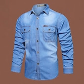 cheap Men&#039;s Denim Shirts-Men&#039;s Shirt Casual Shirt Jeans Shirt Denim Shirt Blue Dark Blue Long Sleeve Plain Turndown Street Daily Front Pocket Clothing Apparel Fashion Casual Comfortable