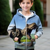 billiga Pojkens 3D-djur-Pojkar 3D Dinosaurie Huvtröja Kappa Ytterkläder Långärmad Höst Vinter Aktiv Streetwear Häftig Polyester Barn 3-12 år Blixtlås Gata Dagligen Normal