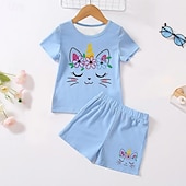 cheap Girl&#039;s 3D Cartoon-Girls&#039; 3D Unicorn Tee &amp; Shorts Pajama Set Pink Short Sleeve 3D Print Summer Active Fashion Cute Polyester Kids 3-12 Years Crew Neck Home Causal Indoor Regular Fit