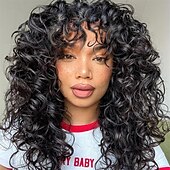 abordables Perruques de fête-perruque bouclée grande perruque bouclée pour femmes blanches et noires perruque afro bouclée longue de 20 pouces avec frange perruques de remplacement de cheveux synthétiques pour cosplay et