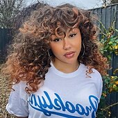 abordables Perruques de fête-perruque bouclée grande perruque bouclée pour femmes blanches et noires perruque afro bouclée longue de 20 pouces avec frange perruques de remplacement de cheveux synthétiques pour cosplay et