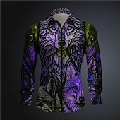 cheap Animal Print-Men&#039;s Color Block Wolf Colorful Button Up Shirt Printed Shirts Long Sleeve Subcultural Vacation Party Street Spring &amp; Summer Turndown Print Button-Down Pink Blue Purple Green