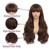 abordables Perruques Synthétiques Sans Bonnet-Perruque ondulée longue marron moyen avec frange pour femme 26 pouces d&#039;aspect naturel en fibre synthétique résistante à la chaleur de remplacement de cheveux d&#039;aspect naturel perruque longue ondulée