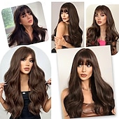 abordables Perruques Synthétiques Sans Bonnet-Perruque ondulée longue marron moyen avec frange pour femme 26 pouces d&#039;aspect naturel en fibre synthétique résistante à la chaleur de remplacement de cheveux d&#039;aspect naturel perruque longue ondulée