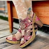 billige Plattformhæler-Dame Høye hæler Sandaler Håndlagde sko Vintage sko Fest Daglig Strand Blomstret Konisk hæl Fantasihæl Elegant Bohem Årgang Lær Spenne Rød Blå Brun