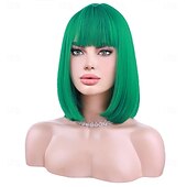 baratos Peruca para Fantasia-peruca verde para mulheres peruca bob verde curta reta peruca verde esmeralda com franja sintética resistente ao calor halloween cosplay peruca cosutme perucas do dia de são patrício