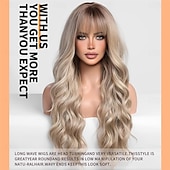 abordables Perruques Synthétiques Sans Bonnet-Perruques blondes sales ombrées avec frange blonde longue perruque ondulée pour femmes perruque de cheveux synthétiques bouclés longs pour usage quotidien de fête 24 pouces