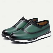 cheap Premium Leather Sneakers-Men&#039;s Premium Cowhide Leather Slip-On Loafers – Green and Black Brogue Design, Comfortable Cushioned Sole, Casual and Formal Shoes