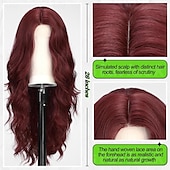 economico Parrucche trendy sintetiche-parrucca lunga ondulata bordeaux per le donne parrucca riccia rossa da 26 pollici parte centrale parrucca in fibra sintetica resistente al calore dall&#039;aspetto naturale per l&#039;uso quotidiano nelle feste