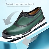 cheap Premium Leather Sneakers-Men&#039;s Premium Cowhide Leather Slip-On Loafers – Green and Black Brogue Design, Comfortable Cushioned Sole, Casual and Formal Shoes