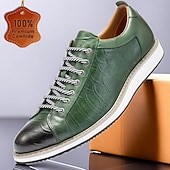 baratos Tênis de couro premium-tênis casuais masculinos de couro bovino premium – design de cadarço com relevo verde e detalhes em preto, confortável e durável