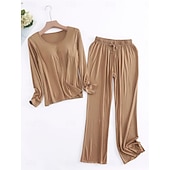 cheap Women&#039;s Sleepwear-Women&#039;s Pajamas Sets Pure Color Simple Comfort Home Daily Bed Modal Breathable Crew Neck Long Sleeve T shirt Tee Pant Elastic Waist Summer Spring Home Outfits