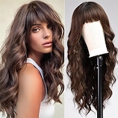 abordables Perruques Synthétiques Sans Bonnet-Perruques blondes sales ombrées avec frange blonde longue perruque ondulée pour femmes perruque de cheveux synthétiques bouclés longs pour usage quotidien de fête 24 pouces