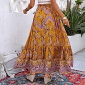 billiga Kjolar-damkjol en linje gunga bohemia maxi hög midja kjolar tryck blommigt färgblock semester semester sommar casual boho gul