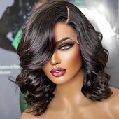 voordelige Pruiken van echt haar, met kanten voorzijde-kant voorpruik kort krullend bob pruik lace front bob pruiken voor zwarte vrouwen grote krullend dame zijdeel pruiken menselijk haar body wave pruik voor vrouwen zwart