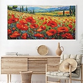 preiswerte Blumen-/Botanische Gemälde-Ölgemälde, handgemaltes Mohnfeld-Gemälde, Kunstwerk, handgefertigtes Wildblumen-Ölgemälde, Landschaft, rote Mohnblumen, Ölgemälde für Wohnzimmer, Schlafzimmer, Hotelwand, Heimdekoration