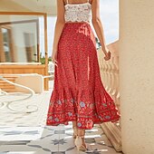 abordables Jupes-Femme Jupe Trapèze Balançoire Bohême Mode Décontractées Bohème Maxi Taille haute Jupes Floral Cordon Imprimer Pointes fourchues Vacances du quotidien Jaune Rouge Vert Eté Rayonne
