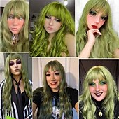 cheap Costume Wigs-Green Wig with Bangs Soft Long Wavy Wigs for Women Curly Synthetic Fiber Wig Replacement Halloween Costumes Cosplay Party Wigs St.Patrick&#039;s Day Wigs