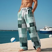 abordables Pantalons décontractés imprimés pour hommes-Pantalon décontracté imprimé en 3D à carreaux color block pour hommes, taille élastique, cordon de serrage, coupe ample, jambe droite, pantalon de plage d'été s à 3xl