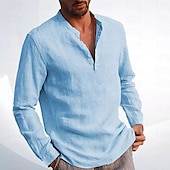 preiswerte Business Casual-Herren Hemd Leinenhemd Hemd mit chinesischem Kragen Hemd mit Stehkragen Sommerhemd Strandhemd Einfach Urlaub Hawaiianisch Beige Langarm Stehkragen Frühling &amp; Herbst Bekleidung Button-Down