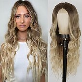 abordables Perruques de fête-Perruque longue ondulée pour femme - Vert ombré - Partie centrale - Bleu sarcelle - Cheveux synthétiques longs bouclés résistants à la chaleur avec naissance des cheveux naturelle - Pour cosplay,
