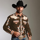 abordables chemises western pour hommes-Homme Géométrie Chemise Western Chemise de cow-boy manche longue Rétro Vintage style occidental Usage quotidien Sortie Fin de semaine Printemps Col rabattu Poche Imprimer Bouton bas Noir bleu marine