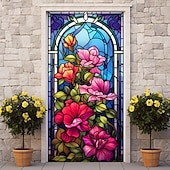billige Dørdeksler-farget glass mandala dørdeksler veggmaleri dekor dør billedvev dør gardin dekorasjon bakteppe dør banner avtakbar for inngangsdør innendørs utendørs hjemme rom dekorasjon gårdshus dekor forsyninger