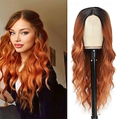 economico Parrucche trendy sintetiche-parrucca ondulata lunga marrone per le donne parrucca riccia da 26 pollici con parte centrale fibra proteica premium parrucca sostitutiva dei capelli dall&#039;aspetto naturale per l&#039;uso quotidiano del