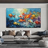 abordables Peintures à l&#039;huile-Peinture à l&#039;huile de poissons nageurs peints à la main sur toile, peinture animale extra large, art mural fait à la main, art abstrait de poisson, peinture personnalisée, décoration minimaliste pour
